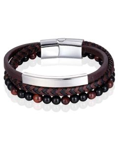 Heren armband Memphis Tijgeroog kraal gevlochten leer Zilverkleurig Bruin