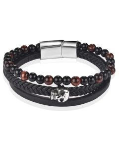 Heren armband Memphis Tijgeroog Skull Gevlochten Leer Zwart Bruin