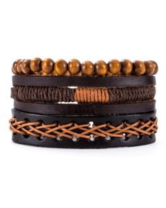 Heren armbanden Set Bruin Leer Touw Kralen