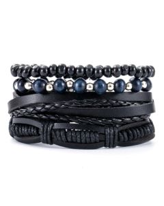 Heren armbanden Set Zwart Leer blauwe kralen