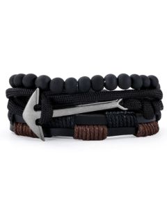 Heren armbanden Set Zwart Leer Zilverkleurig Anker
