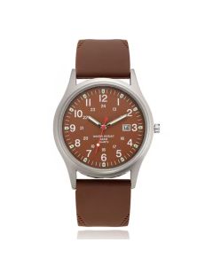 Herenhorloge met bruine wijzerplaat en band – Uniek quartz design met datumfunctie