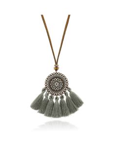 Ibiza stijl dames ketting lang van touw met grijze kwastjes
