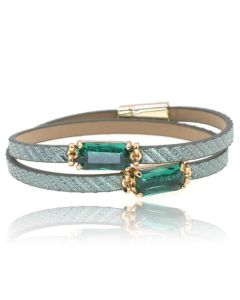 Leren Boho stijl dames armband in blauw en goud met 2 glasstenen