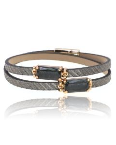 Leren Boho stijl dames armband in zwart en goud met 2 glasstenen