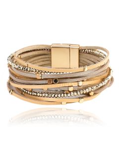 Leren champagnekleurige Boho dames armband met kraaltjes en steentjes