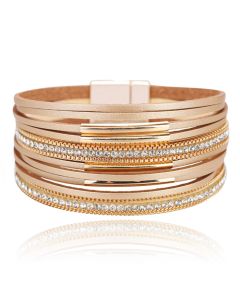 Leren goudkleurige multilayer dames armband met magneetsluiting en steentjes