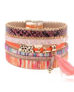 Leren multicolor roze Bohemian dames armband met bedel en kwastje