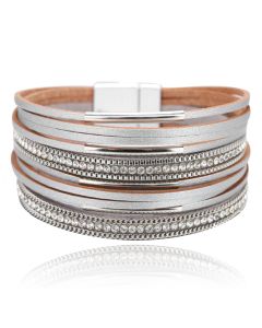Leren zilverkleurige multilayer dames armband met magneetsluiting en steentjes
