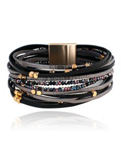 Leren zwarte Boho dames armband met kraaltjes en steentjes