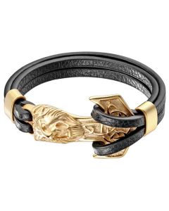 Leren armband Mannen Mendes Anker Leeuw Edelstaal Goudkleurig Zwart