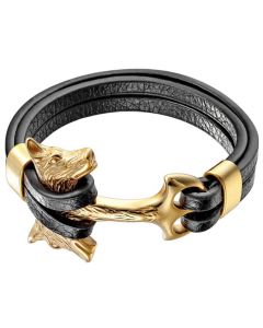 Leren armband Mannen Mendes Anker Wolf Edelstaal Goudkleurig Zwart