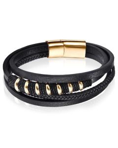 Leren armband Mendes RVS kralen Touw Zwart Goudkleurig