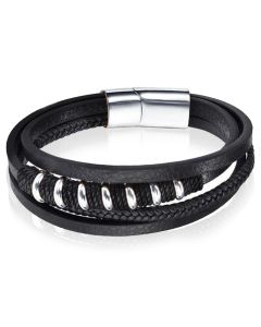 Leren armband Mendes RVS kralen Touw Zwart Zilverkleurig