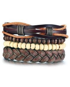 Leren armbanden Set Bruin Houten Kralen