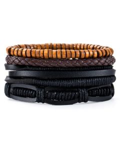 Leren armbanden set heren Zwart Bruin Touw Kralen