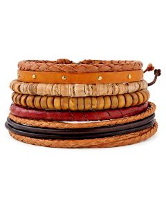 Leren armbanden set met houten kralen bruin