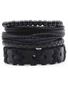 Leren armbanden set met houten kralen zwart