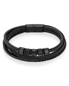 Leren Multi armband Mendes RVS kralen Zwart