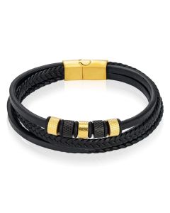 Leren Multi armband Mendes RVS kralen Zwart Goudkleurig