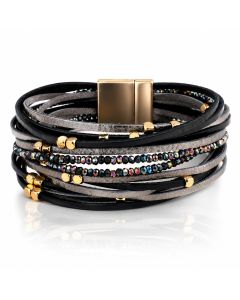 Leren zwarte Boho dames armband met kraaltjes en steentjes