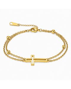 LGT JWLS Goudkleurige Damesarmband van Edelstaal met Dubbele Ketting en Kruis