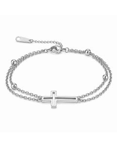 LGT JWLS Zilverkleurige Damesarmband van Edelstaal met Dubbele Ketting en Kruis