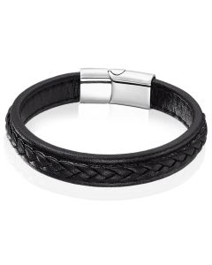 LGT Jewels Heren Armband Zwart Leer Gevlochten Edelstaal Sluiting