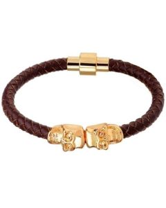 LGT Jewels Leren armband Edelstaal Twin Skull Goudkleurig Bruin