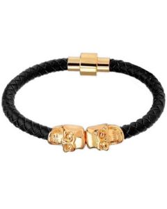 LGT Jewels Leren armband Edelstaal Twin Skull Goudkleurig Zwart