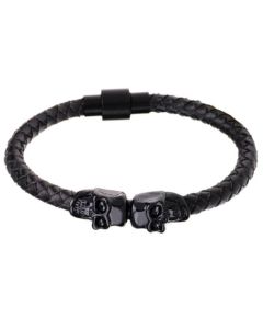 LGT Jewels Leren armband Edelstaal Twin Skull Zwart