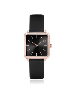 LGT JWLS Dameshorloge 'Square' - Zwart Lederen Band, Zwart Uurwerk, Rose Gouden Kast