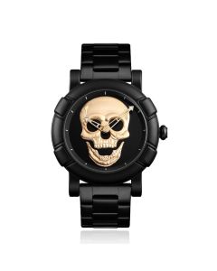 LGT JWLS Herenhorloge '3D Skull Goud' - Zwarte Band en Behuizing