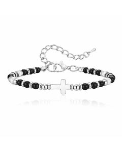 LGT JWLS Stalen Kralenarmband Kruis Zwarte Agaat