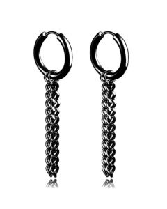 Mannen oorbellen ringen zwart edelstaal met een ketting