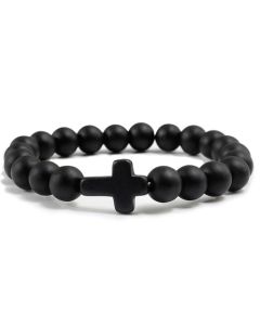 Memphis Kralen Armband met Natuursteen Kruis - Mat Zwart