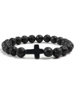 Memphis Kralen Armband met Natuursteen Kruis - Zwart Lava
