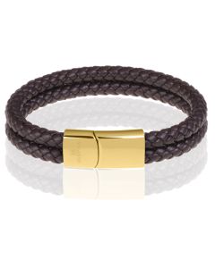 Memphis dubbele leren armband Donkerbruin Goudkleurig