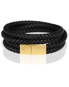 Memphis dubbele wrap armband Leer Zwart Goudkleurig
