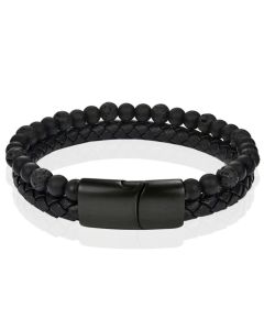 Memphis Heren armband zwart leer Agaat kralen Edelstaal magneet sluiting