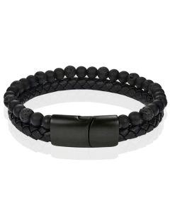 Memphis Heren armband zwart leer Agaat kralen Edelstaal magneet sluiting