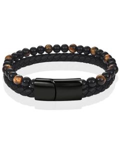 Memphis Heren armband zwart leer Tijgeroog kralen Edelstaal magneet sluiting