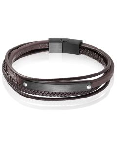 Mendes Heren Armband Bruin Leer Edelstaal ID Graveerplaat Zwart