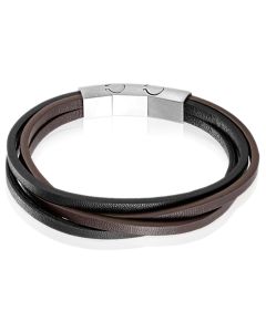 Mendes Heren armband Leer Edelstaal Verstelbaar Bruin Zwart Zilverkleurig