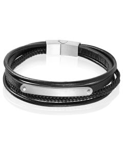 Mendes Heren Armband Zwart Leer Edelstaal ID Graveerplaat Zilverkleurig