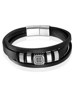 Mendes Jewelry Etnische Heren Armband in Zwart Leer met Zilveren Bedels
