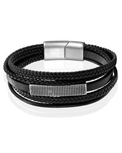 Mendes Jewelry Heren Armband - Robuust Zwart Leder met Zilveren Rechthoekige Plaat