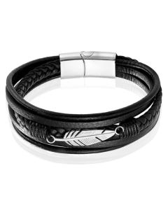 Mendes Jewelry Heren Armband - Stoer Zwart Leder met Bladvormige Stalen Bedel - Zilver