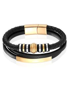 Mendes Jewelry Heren Armband - Zwart Leder met Bedels en Gouden Sluiting
