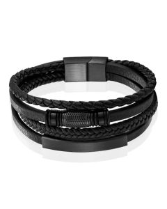 Mendes Jewelry Heren Armband van Roestvrijstaal en Echt Leder - Duurzaam Zwart met Schuifelementen